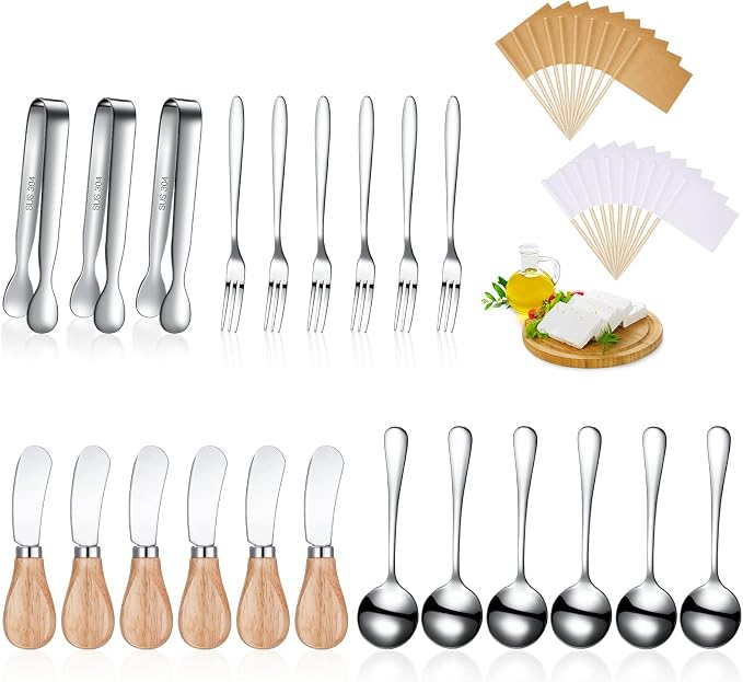Cheese Butter Spreader Knives Set Charcuterie Accessories Stainless Steel Spreader Knives with Wooden Handles Charcuterie Boards Utensils Mini Serving Tongs Spoons and Forks (Silver,21 Pieces)