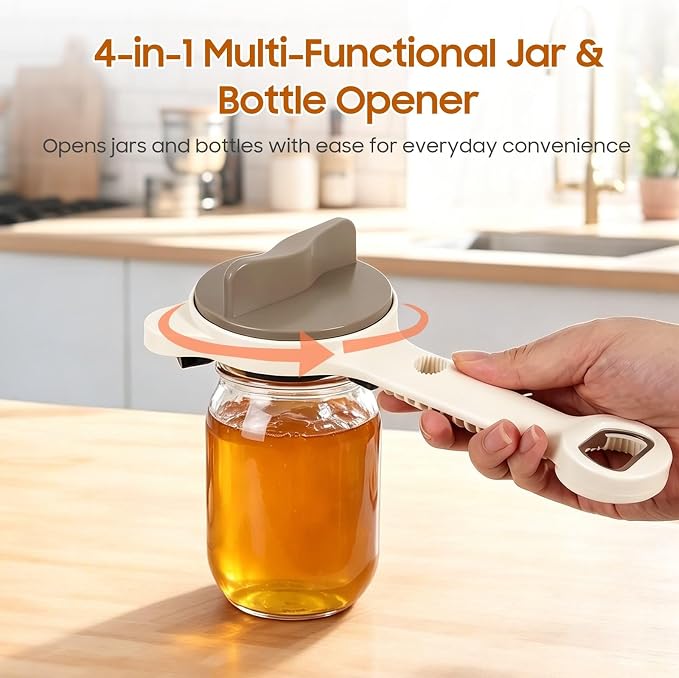 4-in-1 Adjustable Stainless Steel Jar Opener for Seniors Arthritic & Weak Hands, Manual Lid Gripper for Mason Pickle Sauce Jam Soda Wine Jars, Compact Practical Home RV Kitchen Gadget