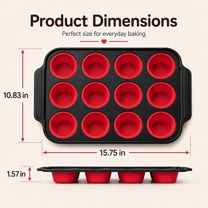 2 Pack Silicone Muffin Pans for Baking, 12-Cup Muffin Tin with Metal Frame | 2 Pack value, 12-Cup muffin pans, Reinforced metal frame, Easy release cups, Nonstick silicone, Oven & dishwasher safe