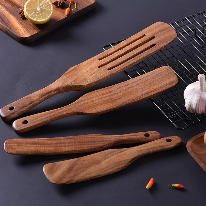 Spurtle Set,Wooden Spurtle Set of 5,Wooden Spoons for Cooking, Natural Teak Wooden Spatula for Cooking, Stirring, Mixing, Serving,Spurtles Kitchen Tools As Seen On Tv, Sourdough Starter Spatula