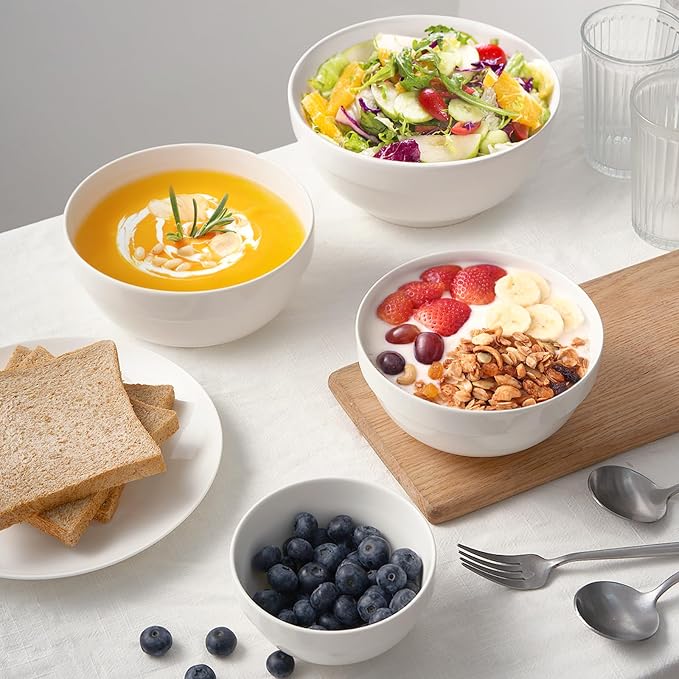 DOWAN Serving Bowls, 64/42/22/12 Oz Serving Dishes for Entertaining, Soft White Porcelain Nesting Bowls Set, Microwave & Dishwasher Safe, Versatile Prep Bowls for Fruit Salad Pasta Dessert Cereal