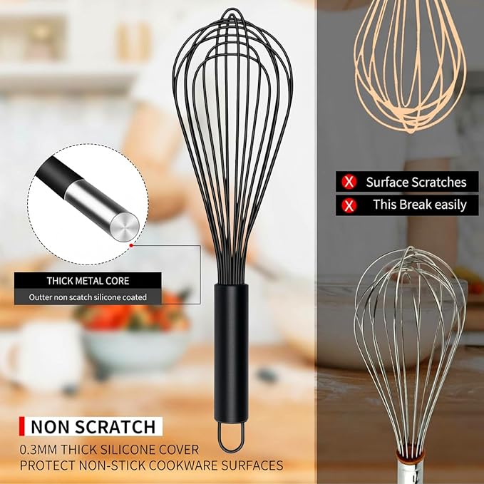 TEEVEA Silicone Whisk Set Non Scratch BPA Free for Nonstick Cookware, 3 Piece 8/10/12 Inch Stainless Steel Core Heat Resistant, Egg Beater for Cooking Baking, Black