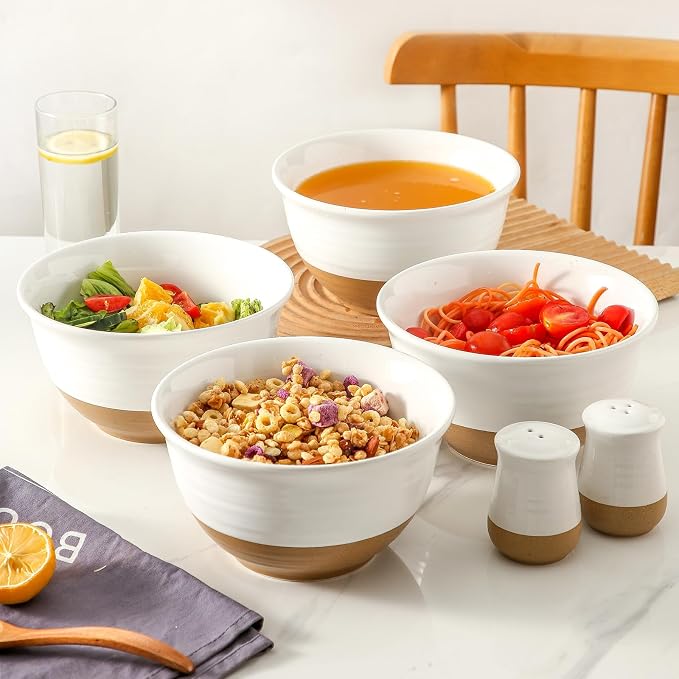 HASENSE Large Ceramic Soup Bowls Set of 4, 40 Oz 7 Inch White & Terracotta Stoneware Mixing Bowls, Farmhouse Bowls for Cereal, Salad, Pasta & Ramen, Dishwasher & Microwave Safe