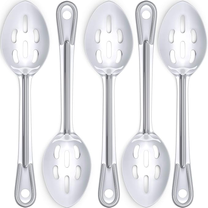Super Strong, Ergonomic 11 in Serving Spoon 5 Pk. Big, Slotted Stainless Steel Spoons for Cooking, Baking and Basting. Best Kitchen Flatware for Buffet and Banquet Service in Restaurants and Homes