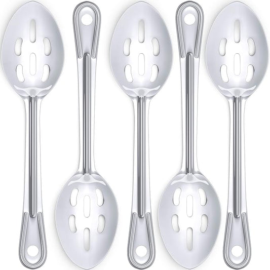 Super Strong, Ergonomic 11 in Serving Spoon 5 Pk. Big, Slotted Stainless Steel Spoons for Cooking, Baking and Basting. Best Kitchen Flatware for Buffet and Banquet Service in Restaurants and Homes