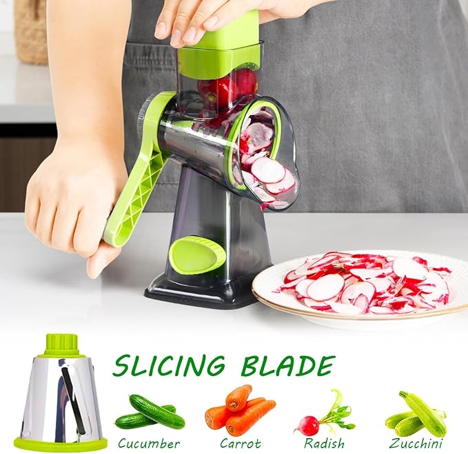 Cheese Grater with Handle, Multifunctional Manual Rotary Cheese Grater - Cheese Shredder Easily Chop Carrots, Potatoes, Vegetables and Fruits and Easy to Clean (Green)
