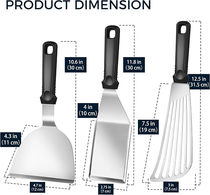 18/0 Stainless Steel Spatulas & 18/8 SS Fish Spatula, Silicone Non-slip Handle, Brushed Metal Spatula Set for Kitchen Use Cast Iron Skillet, BBQ Frying Griddle, Pack of 3