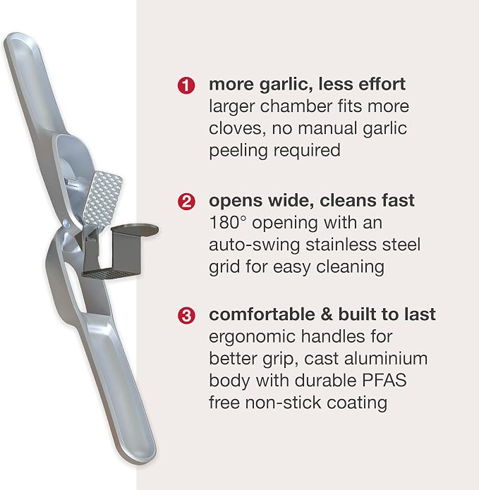 Zyliss Susi 4 Garlic Press - Garlic Crusher for Efficient Mincing - Odor-Free Hands - Large Chamber Made of Durable Stainless Steel - Mess-Free Kitchen Gadget - PFAS-Free Non-Stick Coating - Silver