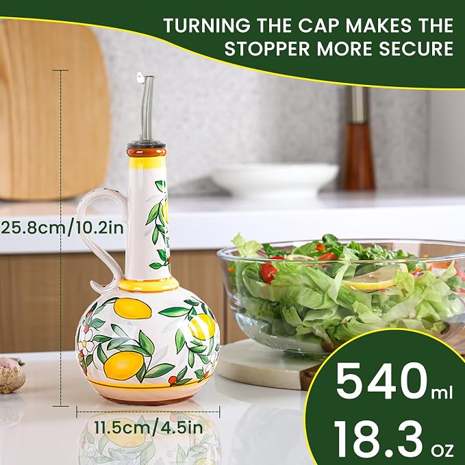 Ceramic Olive Oil Dispenser Bottle – 18.3 oz Oil Cruet with Spout and Handle, Lemon Pattern, 10.2” Tall – Non-Drip Pourer for Kitchen Counter, Salad Dressing, Vinegar, Decorative Oil Container