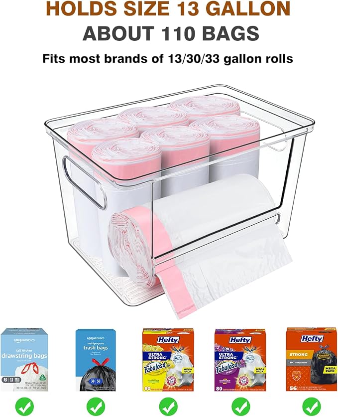 Trash Bag Holder, Acrylic Garbage Bag Dispenser with Bamboo Top | Extra Large Trash Bags Dispenser Under Sink for Kitchen, Pantry, Laundry Room, Cabinet Organizer and Storage (1 PACK)