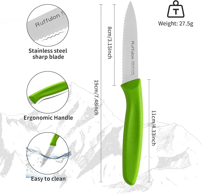 Stainless Steel Paring Knife With Serrated Blade, 6 Pieces Set Vegetable and Fruit Knife, Ultra Sharp Small Kitchen Knife,Green Paring Knives with PP Plastic Ergonomic Handle.