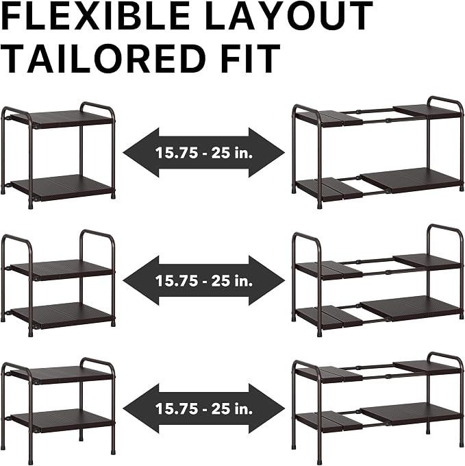 Simple Houseware Under Sink 2-Tier Heavy Duty Expandable Organizer, Bronze | Adjustable Width 15.75–25 Inches with 4 Shelf Height Levels