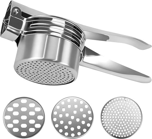EVALAND Stainless Steel Potato Ricer and Masher - With 3 Interchangeable Disks, 15oz Heady Duty Ergonomic Potato Ricer For Mashed Potatoes Tool, Mash Potatoes Masher, Dishwasher Safe Spaetzle Maker