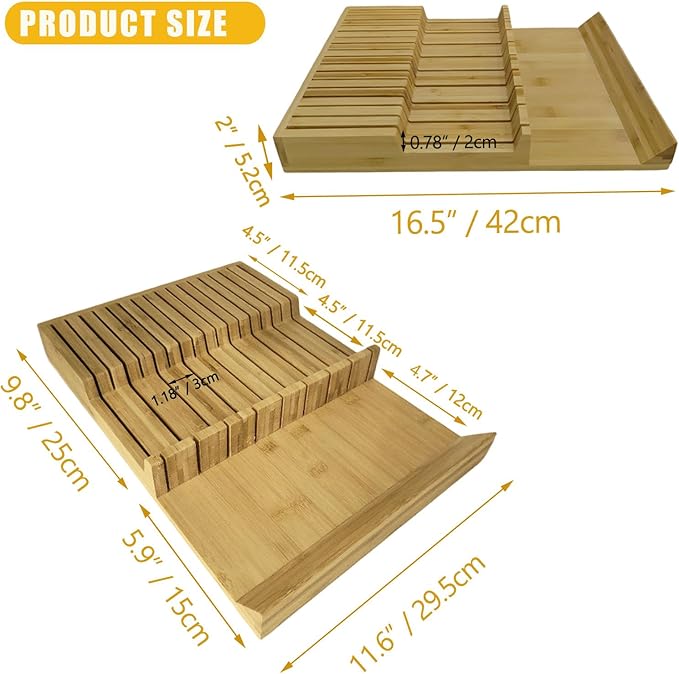 Natural Bamboo In-Drawer Knife Block, 17 Slot Large Capacity Knives Organizer, Upper and Lower Kitchen Steak Knife Storage Rack - Holds 8 Short + 9 Long Knives