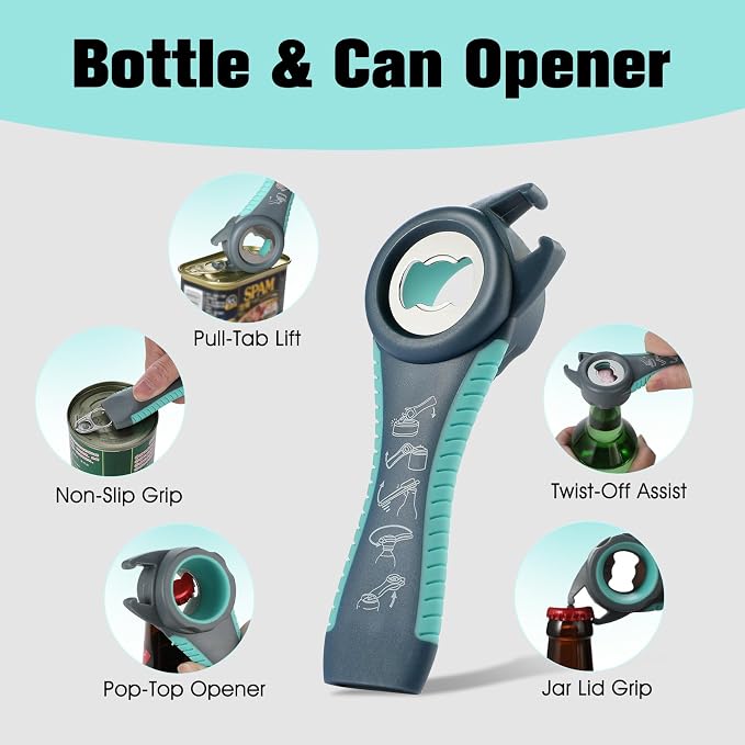Jar Opener for Weak Hands, Seniors with Arthritis, Blue | 5-in-1 Multi-Function Bottle & Can Opener with Ergonomic Non-Slip Handle, Kitchen Tool Set