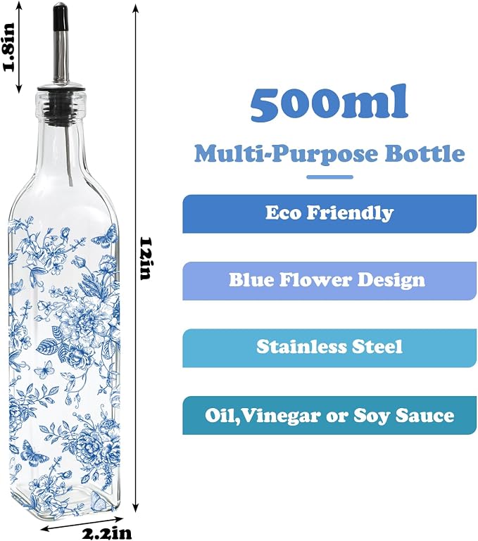 JarThenaAMCS Chinoiserie Olive Oil Dispenser Bottle Blue Floral Glass Cruet Bottle with Spout Cooking Vinegar Container for Home Kitchen Table Countertop Decor