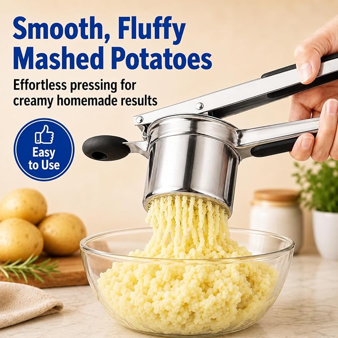 15 oz Stainless Steel Potato Ricer with 3 Interchangeable Plates, Large Capacity, Dishwasher Safe, Silicone Handles, Perfect for Mashed Potatoes, Baby Food, Vegetables & More