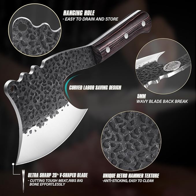 Dream Reach Meat Cleaver Heavy Duty Bone Chopper High Carbon Bone Cutting Knife Hand Forged Butcher Knife with Cover for Kitchen Outdoor BBQ, Christmas Gifts for Men Women