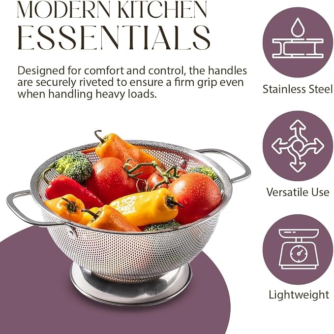 Bellemain Colander for Kitchen – 5 Qt Stainless Steel Strainer with Handle - Pasta Strainer Bowl for Pasta, Spaghetti, Vegetables, Fruit, and Pot Draining - Stainless Steel Colander