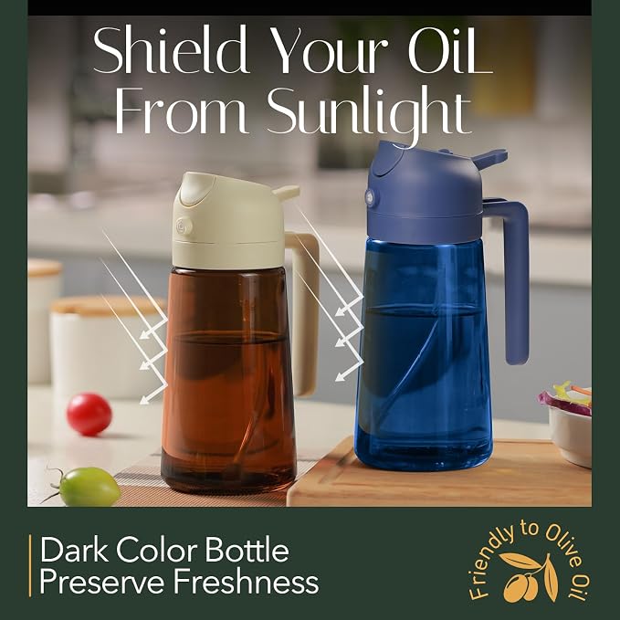YARRAMATE 16oz/470ml Light-Blocking Dark Oil Sprayer for Cooking (Navy) | 2 in 1 Olive Oil Dispenser Bottle for Kitchen, Premium Blue Glass Oil Bottle, Food-Grade Oil Mister for Air Fryer, BBQ