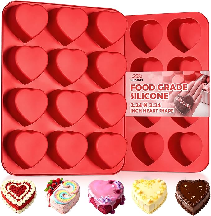 HKNMTT 2Pcs Silicone Heart Molds for Chocolate Muffin 12-Cavity Nonstick | 2.2 Inch，BPA-Free，Oven Safe Mold for Cakes Jello Soap Cupcake Dessert, Valentine's Day