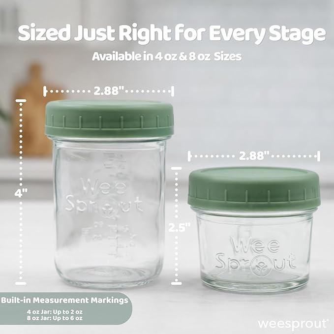 WeeSprout Baby Food Storage Glass Jars w/Lids (4 oz, 6 Pack) Pastel Variety, Snack, Reusable Small Containers, Fridge or Freezer, Microwave & Dishwasher Safe, Essentials for Infants