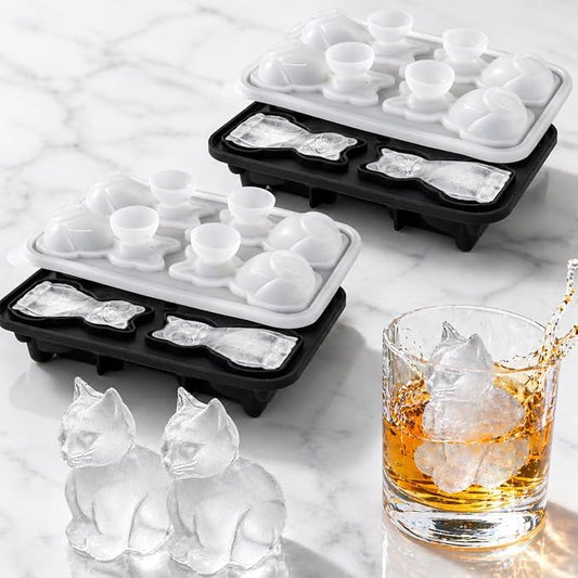 Cat Ice Cube Tray Mold - 2 Pcs Cute Fun Gifts for Cat Lovers Women Men | 2pcs 3D Cat Shape Cute Ice Molds for Whiskey Bourbon, 4-Hole Large Fun Shapes Themed Funny Gifts, for Cat Lovers Women Men