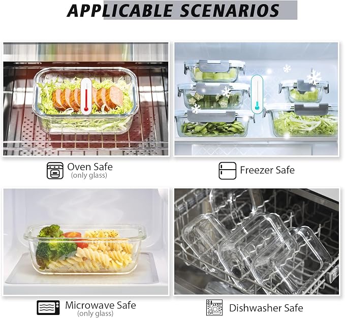 AILTEC 12 Pack Glass Meal Prep Containers Set, Airtight Snap Lids, 4 Sizes | 35.5/27.1/12.5/10.8oz, Leak Proof, BPA-Free, Microwave, Oven, Freezer & Dishwasher Safe, For Meal Prep, Leftovers & Lunch