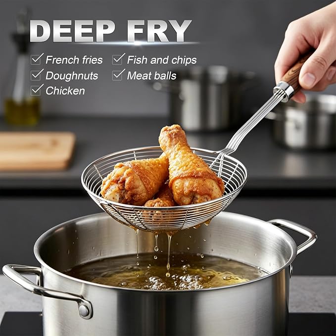IQCWOOD Spider Strainer Skimmer Spoon, 6.3" Stainless Steel Fryer Scoop for Deep Frying, Pasta and Vegetable, Kitchen Utensil Wire Strainer Ladle