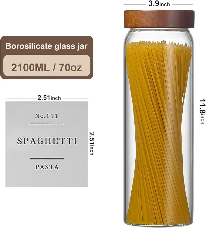 Wissy&Konny 3 Pack Glass Pasta Storage Containers with Screw wood Airtight Lid, 70oz Tall Glass Jar with Lid Spaghetti Container Storage for Pasta,Spaghetti,Cereal (132 Pantry Labels)