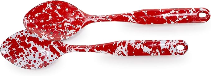 Golden Rabbit Enamelware 2-piece Spoon Set, Slotted and Regular, Red Swirl