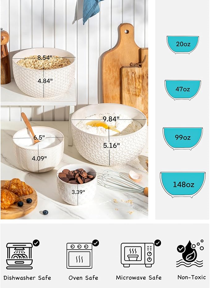 Ceramic Mixing Bowls, Embossed Nesting Bowls Set of 4, Mixing Bowl Set for Serving, Baking, Cooking and Gift, Microwave and Dishwasher Safe, 20/47/99/148 oz, Off-White