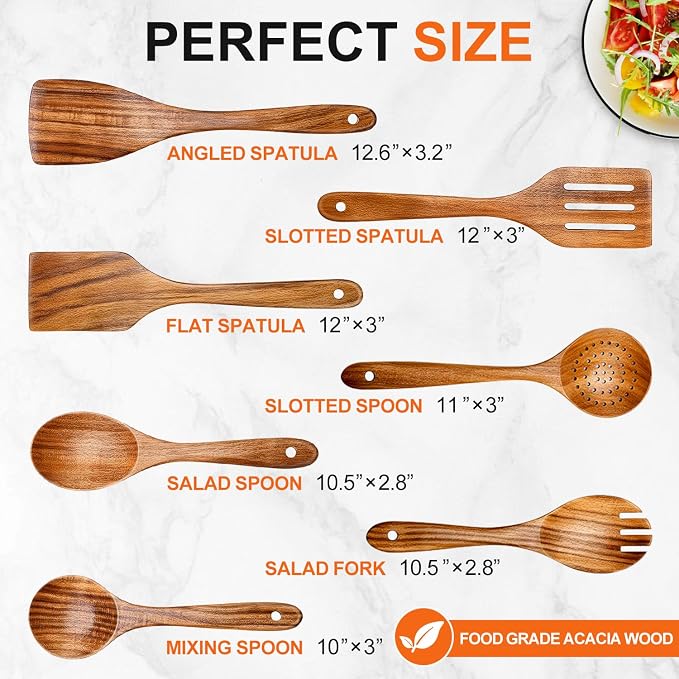 7 Pcs Acacia Wood Cooking Utensils Set Large Wooden Spoons for Cooking Spatula Salad Mixing Spoon Non Toxic Utensil for Kitchen Use Spatulas Non Stick Turner Slotted Serving Spoon Kitchen Utensils