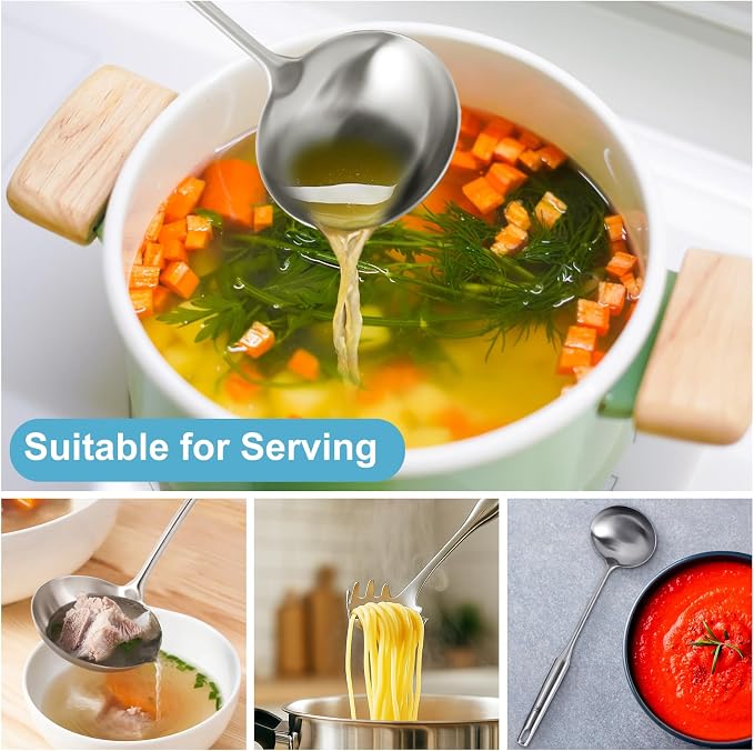 Stainless Steel Soup Ladle and Spaghetti Spoon Set - Large Ladle Spoon, Pasta Strainer, Durable Kitchen Cooking Utensils for Stirring, Serving Pasta, Soup & Sauce，Perfect Gifts