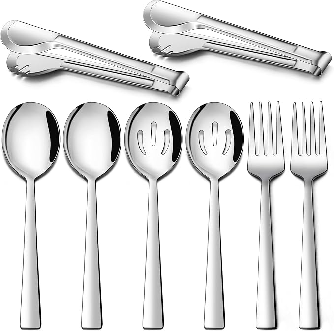 LIANYU Serving Utensils Set of 8, Stainless Steel Serving Spoons, Slotted Spoons, Forks, Metal Tongs for Kitchen Buffet Party Banquet Entertaining, Mirror Finished, Dishwasher Safe