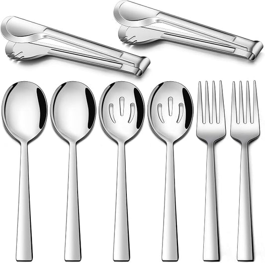 LIANYU Serving Utensils Set of 8, Stainless Steel Serving Spoons, Slotted Spoons, Forks, Metal Tongs for Kitchen Buffet Party Banquet Entertaining, Mirror Finished, Dishwasher Safe