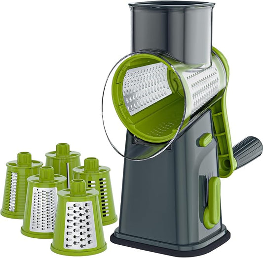 Ourokhome Rotary Cheese Grater Cheese Shredder with 5 Interchangeable Blades, Rotary Grater with Non-slip Suction Base Hand Crank Slicer for Vegetable Nuts Grey