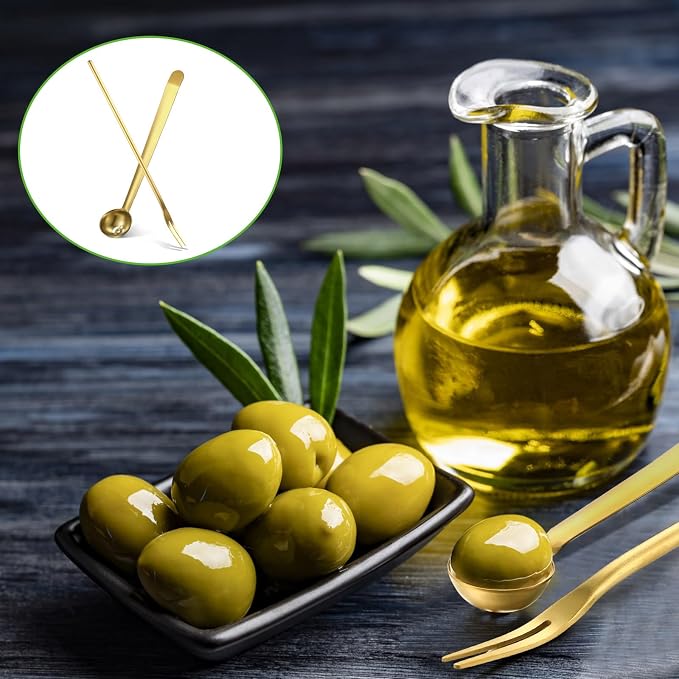 Didaey 4 Pcs Pickle Fork and Olive Spoon Strainer Set Stainless Steel Long Handle Pick Jar Serving Spoon with Drain Hole Prong for Onion Cucumber Arugula(Stylish Style)