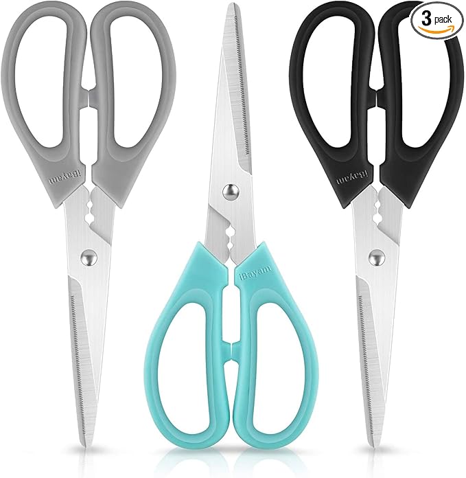 Kitchen Shears Scissors, iBayam 3-Color Stainless Steel Dishwasher Safe Food Scissors for Herbs Chicken Meat Poultry Fish BBQ, 8 Inch Utility Cooking Scissors for Women Men with Small Hands