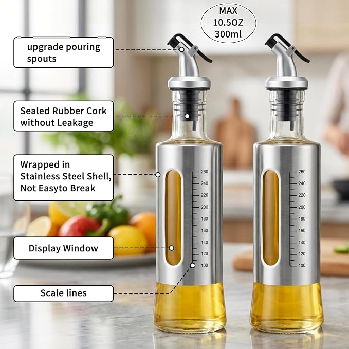 Olive Oil Dispenser for Kitchen, 2 Pack 10oz/300 ML Cooking Oil and Vinegar Dispenser Set with 20 Labels Stainless Steel Funnel, Olive Oil Bottle, Soy Sauce Dispenser, Coffee Syrup Bottles