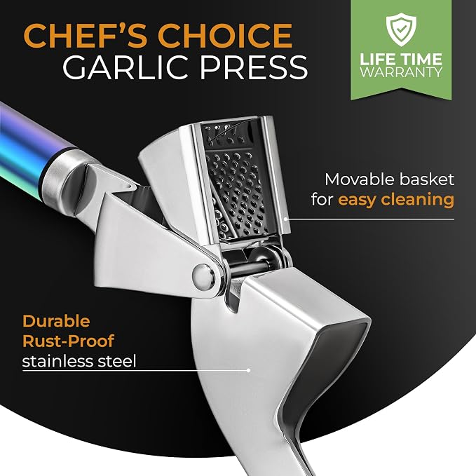 ORBLUE Garlic Press and Peeler Set, Stainless Steel - Professional Grade Mincer, Crusher - Dishwasher Safe & Rust-proof, Multi-colored