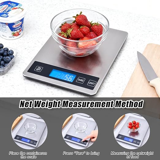 Food Kitchen Scale, 33lb Food Scale Precisely Measures Grams and Ounces for Baking and Cooking, 304 Stainless Steel Kitchen Scale for Food with LCD Display, Batteries Included