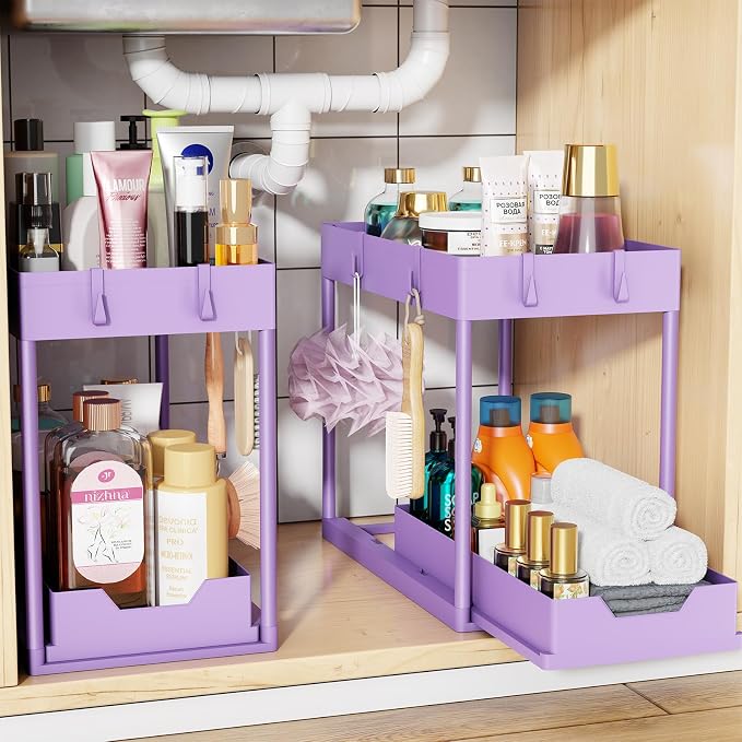 Simple Trending Under Sink Organizer 2 Pack, with Sliding Drawer, Purple | 2-Tier Multi-Use Under Shelf Organizer with Hooks, Sink Pull-Out Sliding Storage Cabinet for Kitchen Bathroom, Easy Assembly