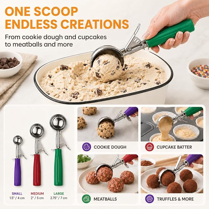 Cookie Scoop Set of 3, Ice Cream Scoop with Trigger Release & Anti-Freeze Grip, 18/8 Stainless Steel Cookie Scoops for Baking, Portion Scooper for Cookie Dough, Cupcake, Mashed Potatoes (S/M/L)