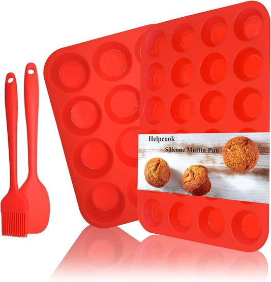 Silicone Muffin Pan Cupcake Set, Non-Stick Regular 12 Cups and Mini 24 Cups,Silicone Baking Molds,BPA Free Muffin Tin with 1 Silicone Spatula & 1 Oil Brush (Red) | Silicone Baking Molds ,BPA Free Muffin Tin with 1 Spatula & 1 Oil Brush，BPA-Free, Dishwa...