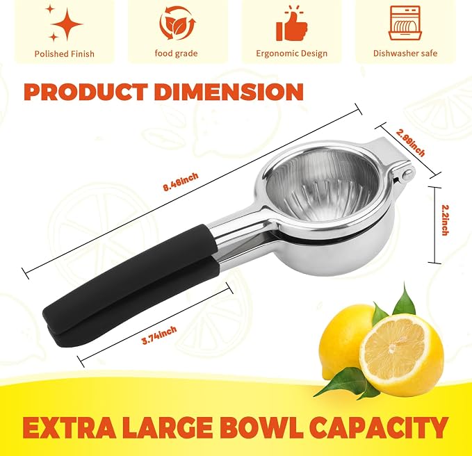 SHIKORI Lemon Squeezer, Large Heavy Duty Handhelp Juicer for Lemon, Stainless Steel Hand Press Citrus Juicer, Lime Squeezer Bar Tool, Manual Citrus Press (Silver & Black)