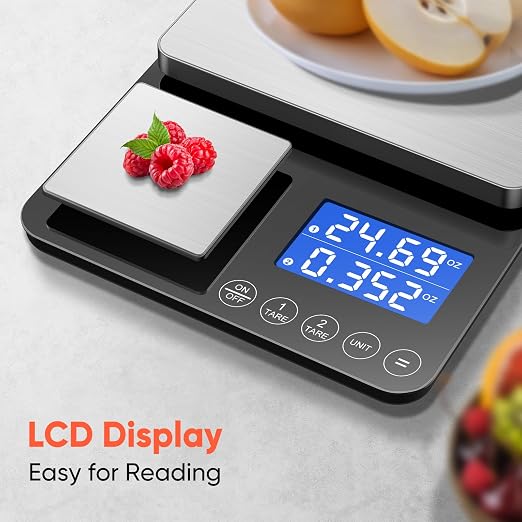 Dual Platform Digital Kitchen Scale, 33lb/15kg & 0.001oz/0.01g Precision, Two Scales in One, Coffee & Food Scale, Dual Display, Stainless Steel, Tare, g/oz/lb/ml