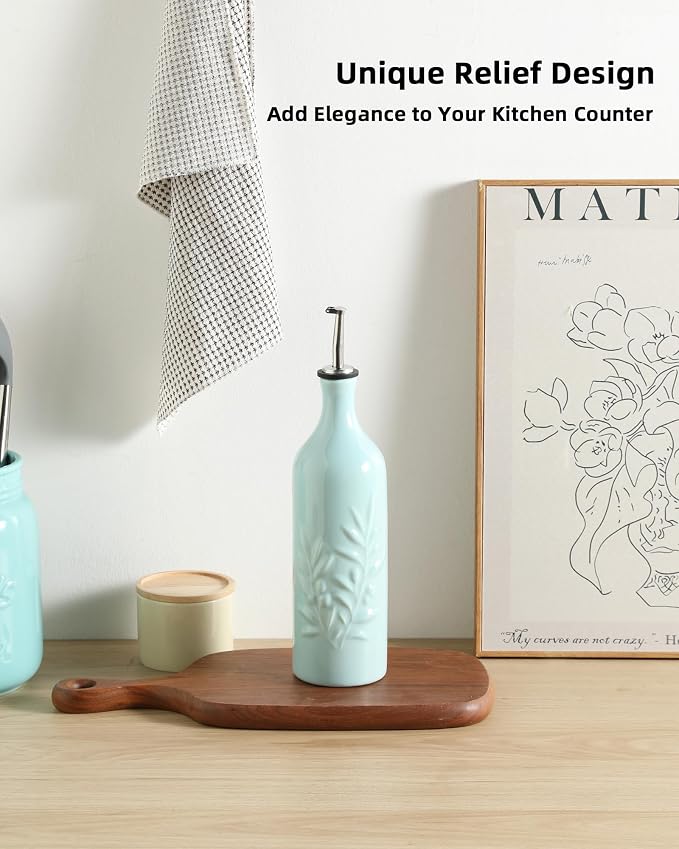 Sweejar Large Ceramic Olive Oil Dispenser Bottle, 24 Oz Relief Opaque Oil Cruet Protects Oil To Reduce Oxidation, Storage Vinegar, Soy Sauce, Coffee Syrup, Liquids, Set of 1(Light Blue)