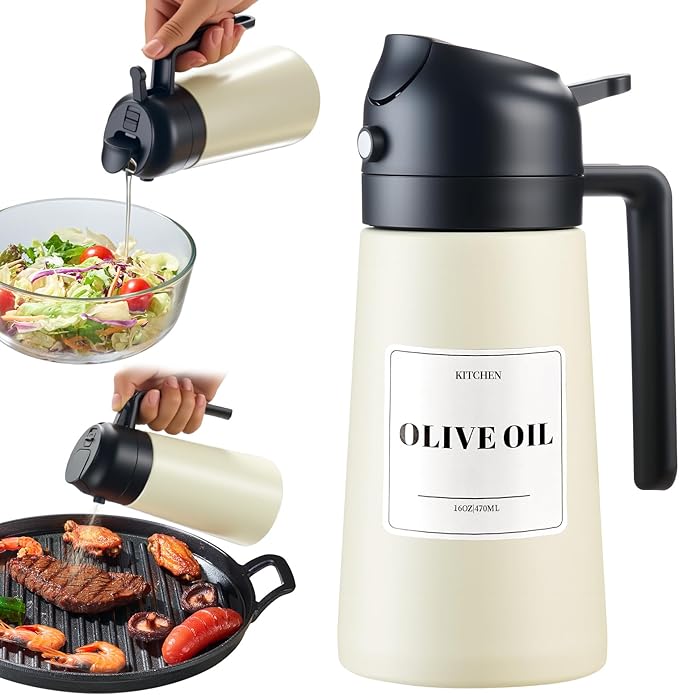 Baalaka Oil Sprayer for Cooking, Stainless Steel Dispenser, Black, 16 oz | Olive oil dispenser bottle sprays fine mist or pours smoothly; ceramic-coated inside for air fryer, BBQ, salads and baking.