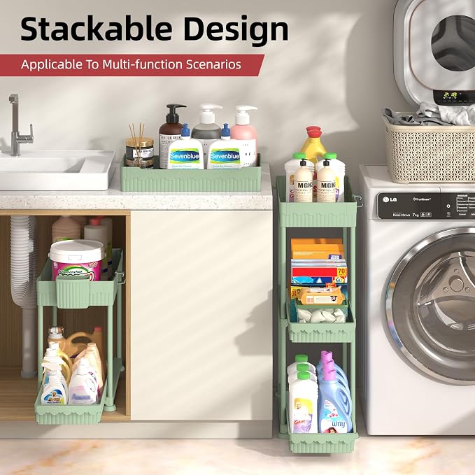 4-Pack 2-Tier Under Sink Organizer with Pull Out Drawers | Multi-use kitchen & bathroom storage. Includes hanging hooks and cups. Green, space-saving cabinet design. 12.8 Inch